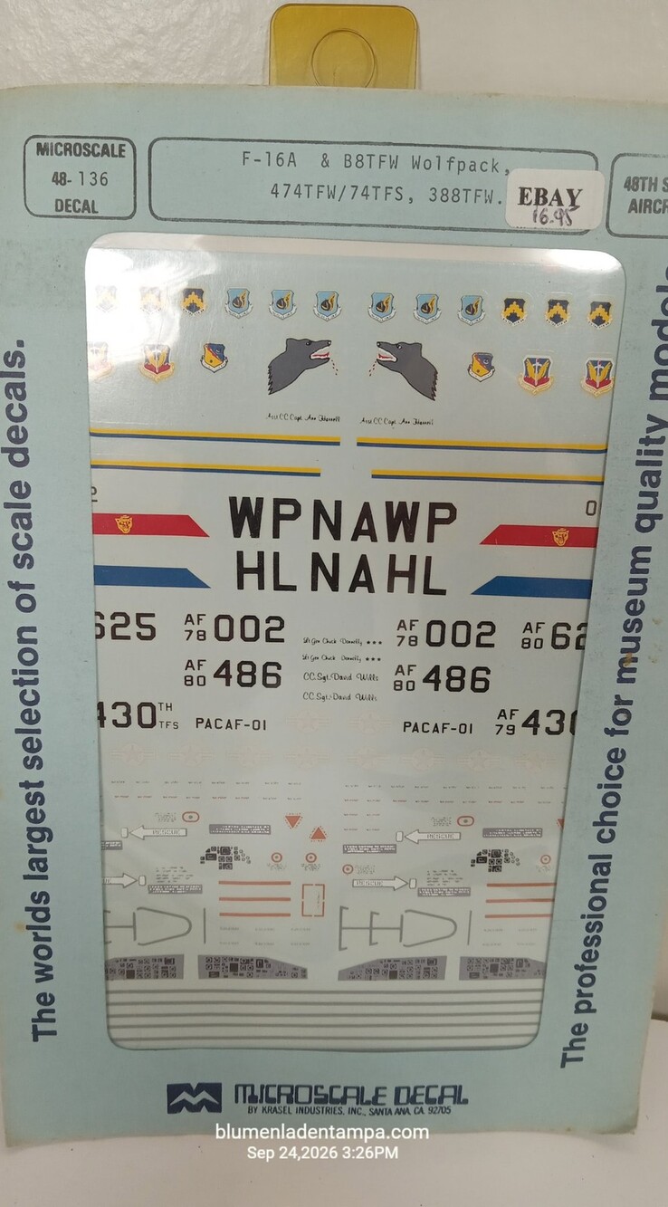 Microscale Decals 48-136 1/48 F-16A & B8TFW Wolfpack 474TFW 388TFW Markings